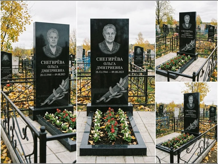 Памятник с гравировкой голубей — гравировка двух летящих голубей с лентой по диагонали стелы, работа «Снегирёва» в Новокузнецке