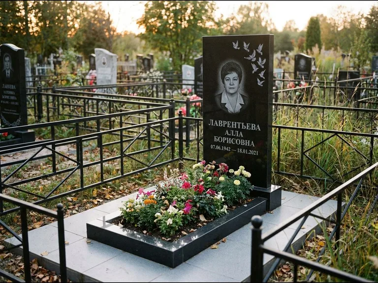 Памятник с гравировкой голубей — гравировка стаи голубей, взлетающей от угла стелы, работа «Лаврентьева» в Новокузнецке