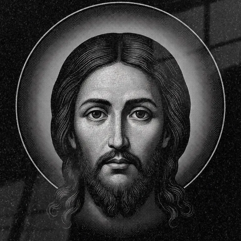 Эскиз иконы: Спас Нерукотворный (полутон) — детальный лик на убрусе, гравировка на памятник в Новокузнецке