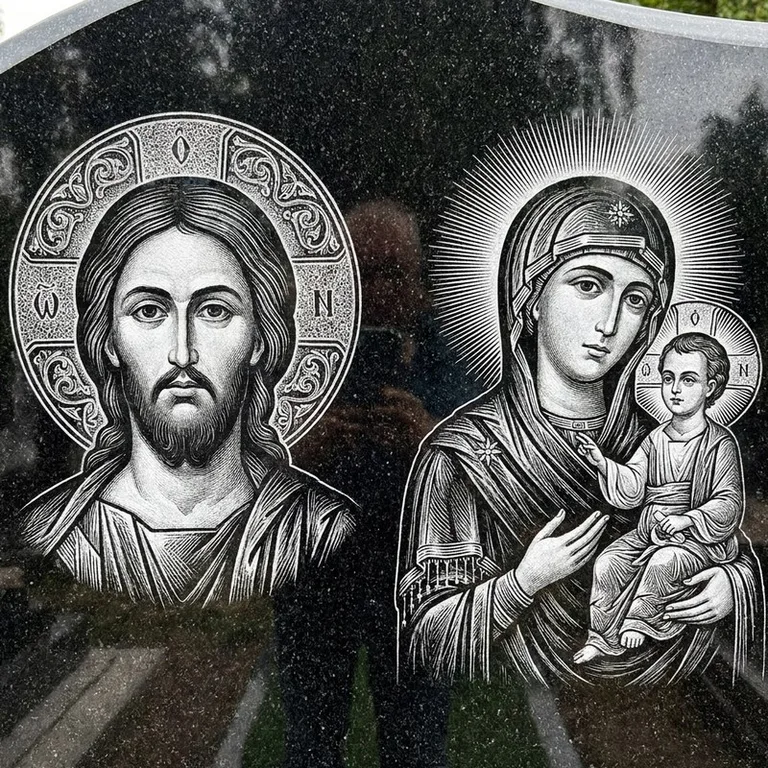 Эскиз иконы: Спаситель и Богородица — парные образы симметрично, гравировка на памятник в Новокузнецке