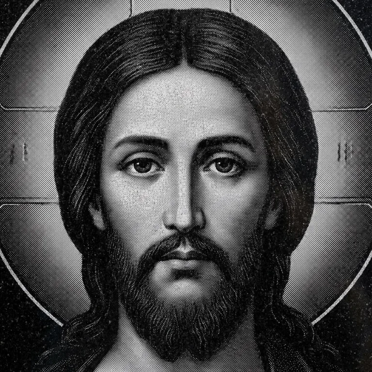 Эскиз иконы: Спас Вседержитель (полутон) — объёмный лик, светотень, гравировка на памятник в Новокузнецке