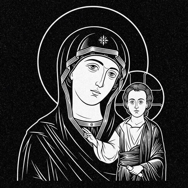 Эскиз иконы: «Утоли моя печали» — облегчение скорби, гравировка на памятник в Новокузнецке