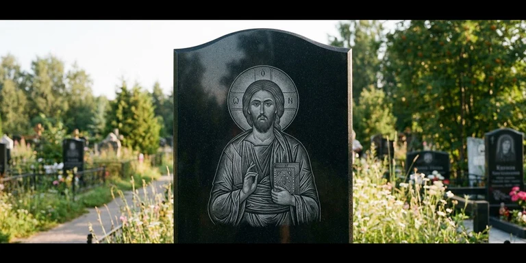 Иконы для гравировки на памятник в Новокузнецке — образ на стеле из чёрного гранита с ручной доводкой лика