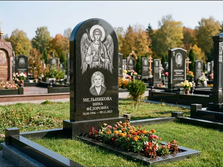 Памятник с гравировкой иконы — икона над портретом усопшего, работа «Журавлёв» в Новокузнецке