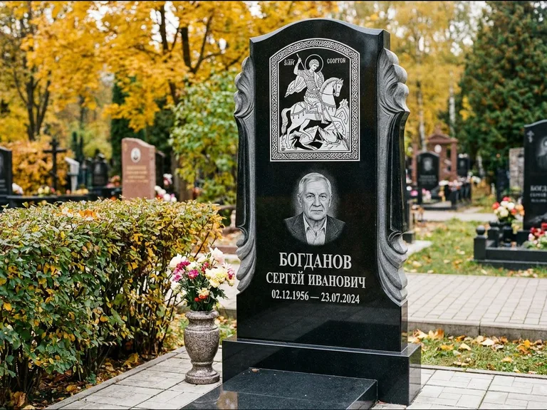 Памятник с гравировкой иконы — икона Спаса Вседержителя над именем усопшего, работа «Лебедева» в Новокузнецке