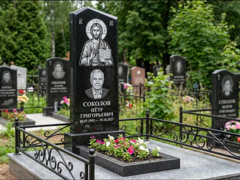 Памятник с гравировкой иконы — образ Николая Чудотворца, работа «Мельникова» в Новокузнецке