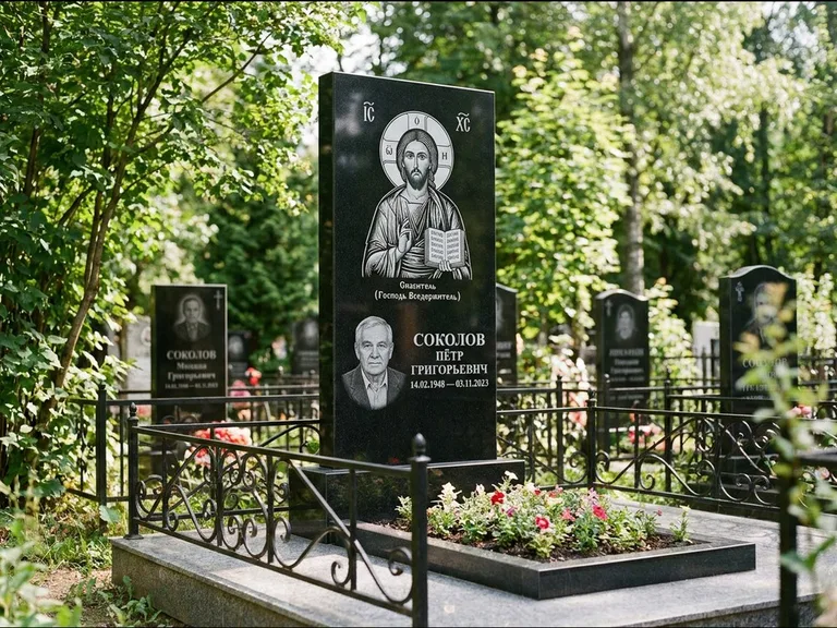 Памятник с гравировкой иконы — икона Спаса Вседержителя над именем усопшего, работа «Воронцова» в Новокузнецке