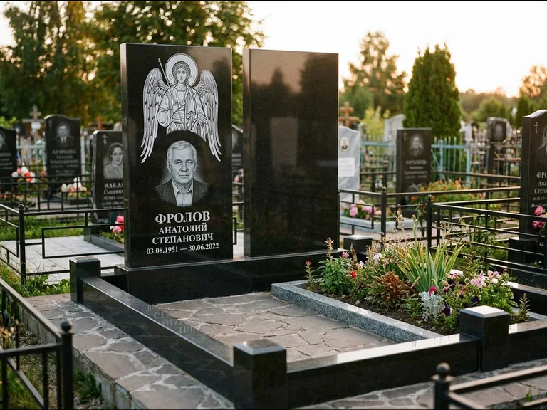 Памятник с гравировкой иконы: стела с резной рамкой вокруг иконы — Архангел Михаил на стеле, белая мраморная крошка с бордюром, работа «Богданова» в Новокузнецке