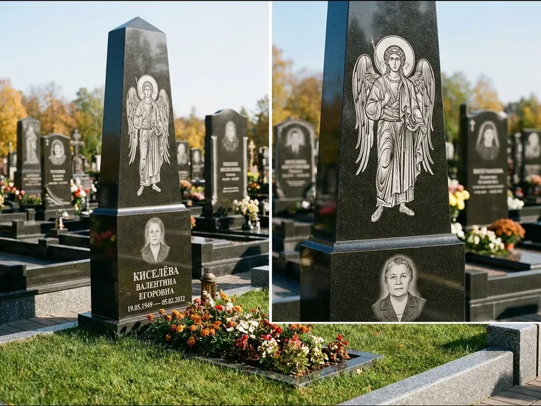 Памятник с гравировкой иконы: асимметричная скошенная стела — гравировка образа Спасителя, живая изгородь из кустарника, работа «Третьяков» в Новокузнецке