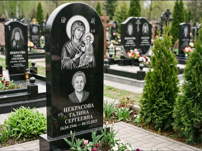 Памятник с гравировкой иконы: фигурная стела с киот-нишей под икону — икона в резной рамке-киоте, светлая гравийная отсыпка, работа «Журавлёв» в Новокузнецке