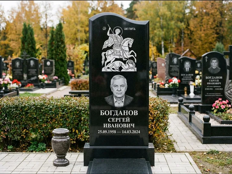Памятник с гравировкой иконы: монументальный семейный мемориал из двух стел на общем цоколе — гравировка Николая Чудотворца, мощёная гранитная площадка без ограды, работа «Раевская» в Новокузнецке