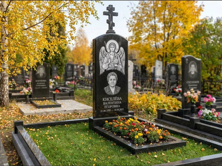Памятник с гравировкой иконы — образ в полный рост на обороте стелы, работа «Гущин» в Новокузнецке