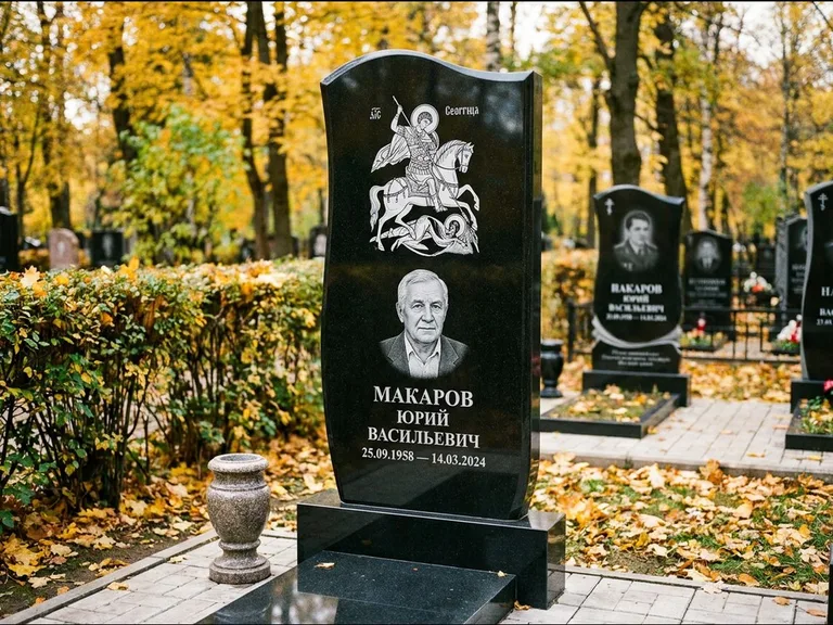 Памятник с гравировкой иконы — икона над портретом усопшего, работа «Раевская» в Новокузнецке
