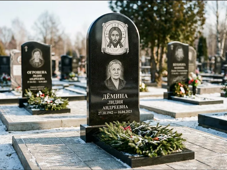 Памятник с гравировкой иконы — икона Спаса Вседержителя над именем усопшего, работа «Ковалёв» в Новокузнецке