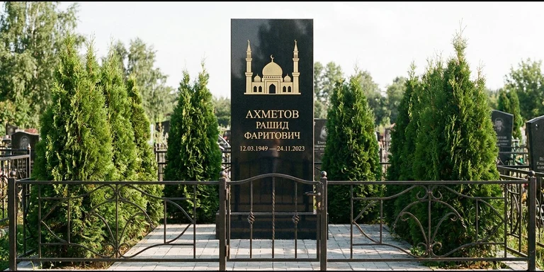 Гравировка мечети на памятник в Новокузнецке — стела из чёрного гранита, оформление по канонам ислама