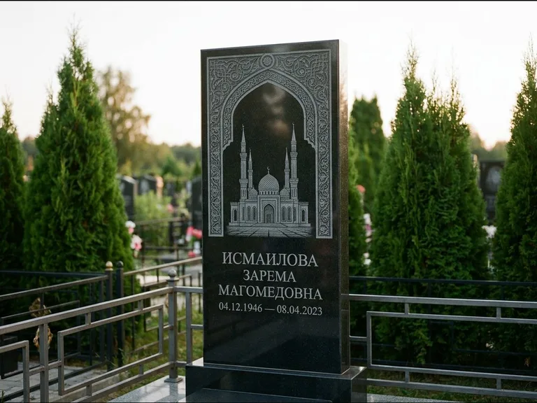 Мусульманский памятник с гравировкой мечети — мечеть в восточной арке с орнаментом, работа «Исмаилова» в Новокузнецке