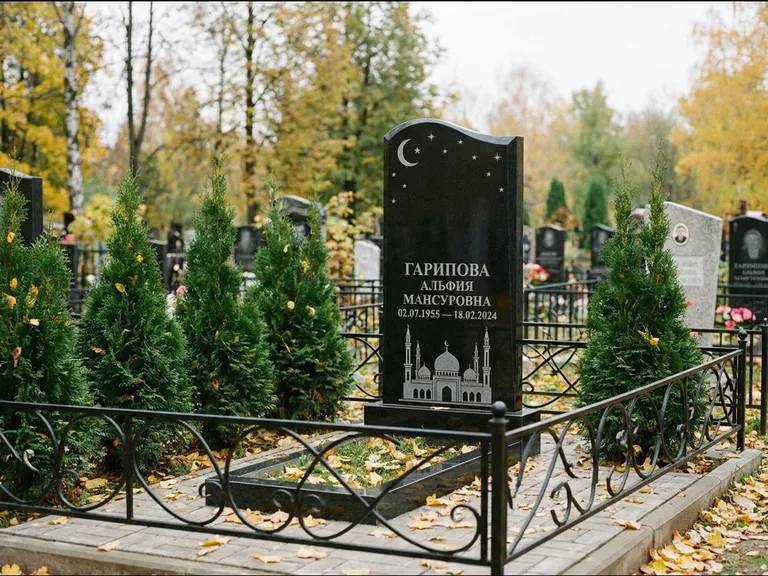 Мусульманский памятник с гравировкой мечети — мечеть с луной в ночном небе, работа «Гарипова» в Новокузнецке