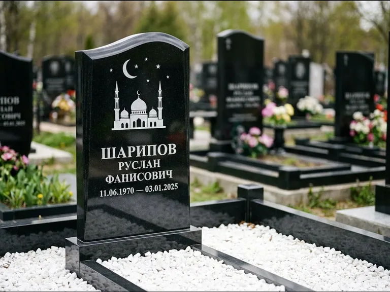 Мусульманский памятник с гравировкой мечети: стела с волнообразным скошенным верхом — гравировка мечети под полумесяцем и звёздами, белая мраморная крошка с бордюром, работа «Шарипов» в Новокузнецке