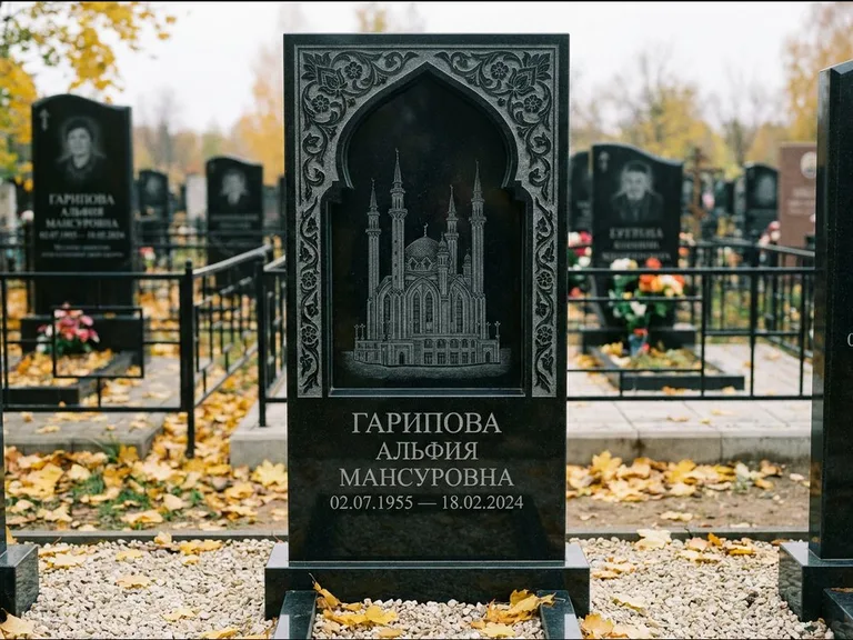 Мусульманский памятник с гравировкой мечети: фигурная стела с михраб-нишей — гравировка мечети в михраб-арке с орнаментом, светлая гравийная отсыпка, работа «Гарипова» в Новокузнецке