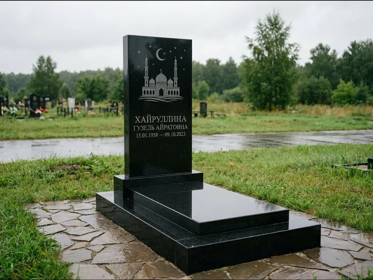 Мусульманский памятник с гравировкой мечети: ступенчатая двухуровневая стела — гравировка мечети под полумесяцем и звёздами, каменная дорожка из плитняка, работа «Хайруллина» в Новокузнецке