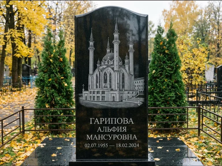 Мусульманский памятник с гравировкой мечети — мечеть Кул-Шариф на обороте стелы, работа «Гарипова» в Новокузнецке