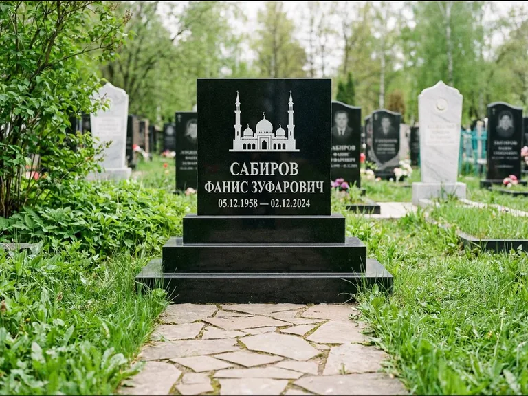 Мусульманский памятник с гравировкой мечети: ступенчатая трёхуровневая стела — золочёная гравировка мечети, дорожка из природного плитняка, работа «Юсупов» в Новокузнецке