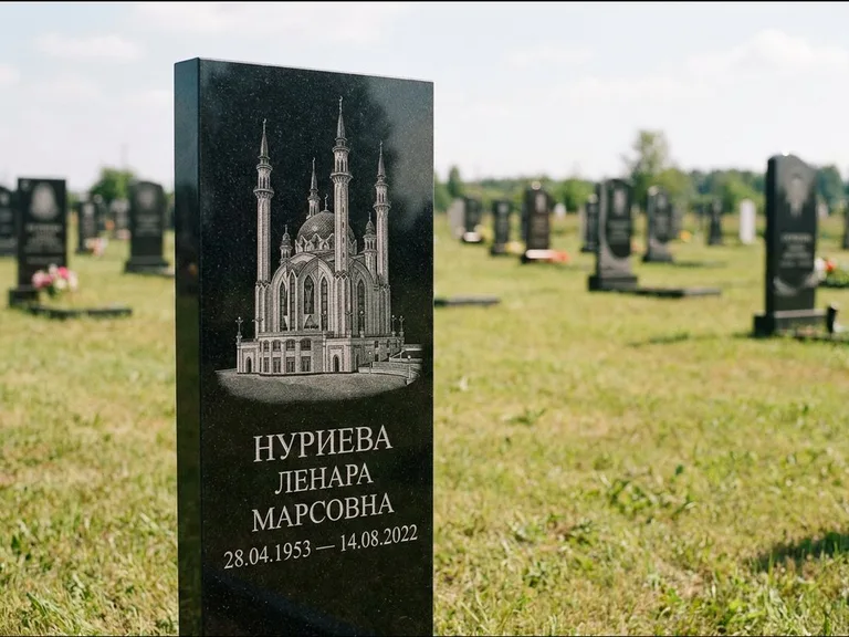 Мусульманский памятник с гравировкой мечети: узкая вертикальная стела-пилон — гравировка мечети в михраб-арке с орнаментом, открытая лужайка без ограды, работа «Хайруллина» в Новокузнецке