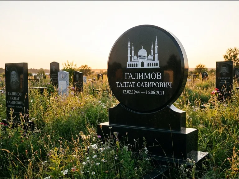 Мусульманский памятник с гравировкой мечети: округлая стела-медальон на тумбе — гравировка мечети в михраб-арке с орнаментом, луговые травы и полевые цветы, работа «Каримов» в Новокузнецке