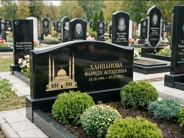 Мусульманский памятник с гравировкой мечети: вытянутая горизонтальная семейная стела с аркой — белая гравировка силуэта мечети с минаретами, участок с декоративными кустами, работа «Гарипова» в Новокузнецке