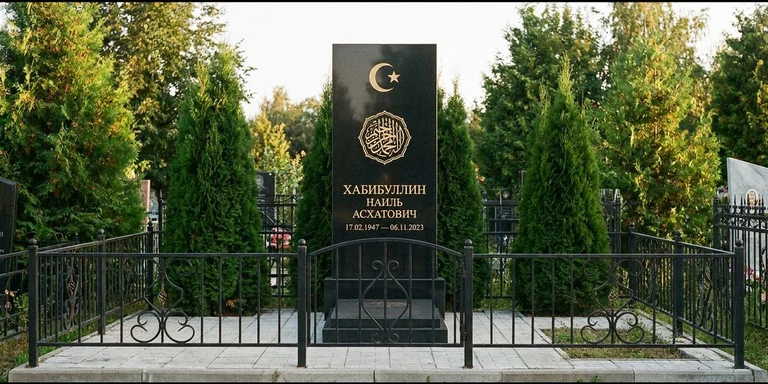 Гравировка на мусульманском памятнике в Новокузнецке — стела из чёрного гранита, оформление по канонам ислама
