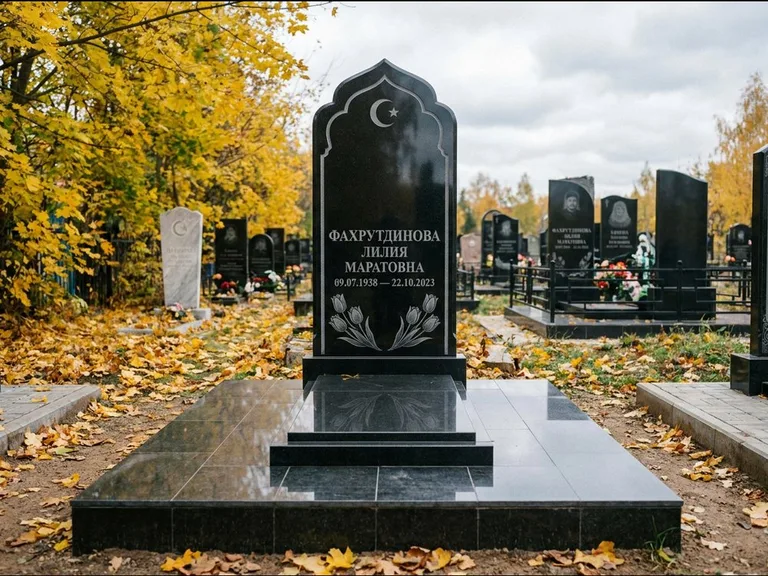 Мусульманский памятник: стела с михраб-навершием в форме арки — гравировка минарета с полумесяцем, гранитный цоколь с тёмной плиткой, работа «Фахрутдинова» в Новокузнецке