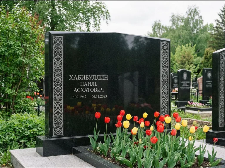 Мусульманский памятник: широкая двойная семейная стела — золочёная гравировка мечети, цветник с тюльпанами, работа «Хабибуллин» в Новокузнецке