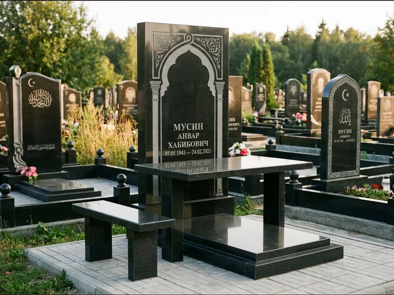 Мусульманский памятник: стела с гранитным столиком и скамьёй — гравировка мечети под полумесяцем и звёздами, семейный участок с плиткой, работа «Гимаев» в Новокузнецке