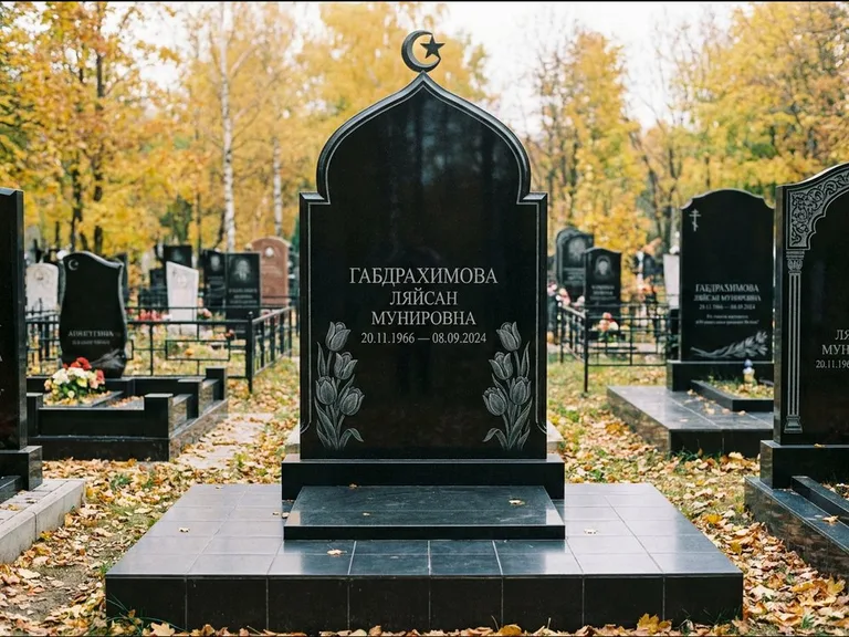 Мусульманский памятник: массивная стела с михраб-навершием — белая гравировка силуэта мечети с минаретами, цоколь тёмной плиткой, работа «Магомедова» в Новокузнецке
