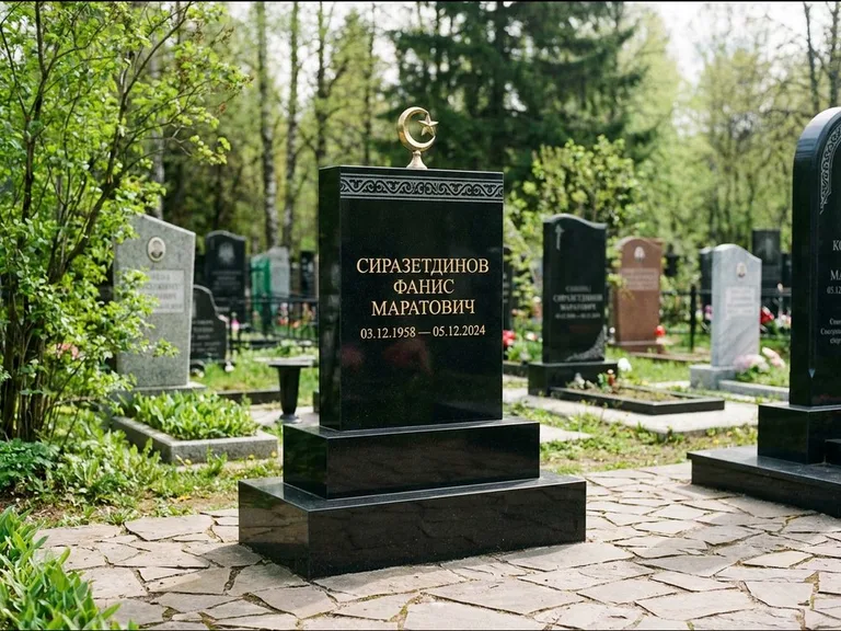 Мусульманский памятник: ступенчатая трёхуровневая стела — золочёная гравировка мечети, дорожка из природного плитняка, работа «Мустафин» в Новокузнецке