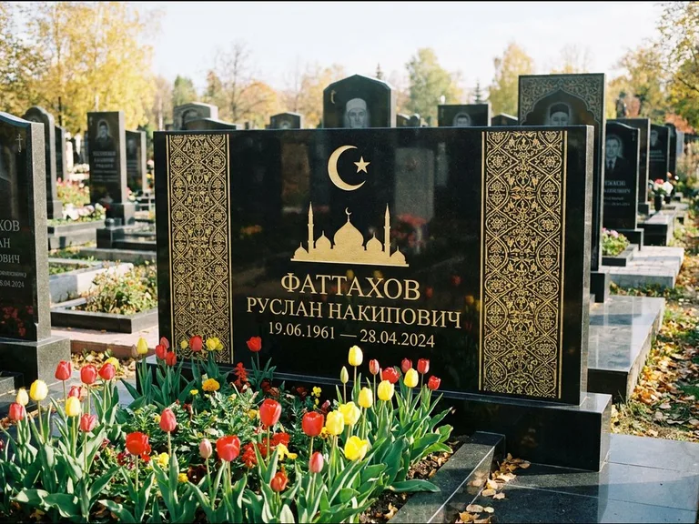 Мусульманский памятник: широкая панорамная стела с золочёным орнаментом — гравировка минарета с полумесяцем, цветник с тюльпанами, работа «Сулейманов» в Новокузнецке