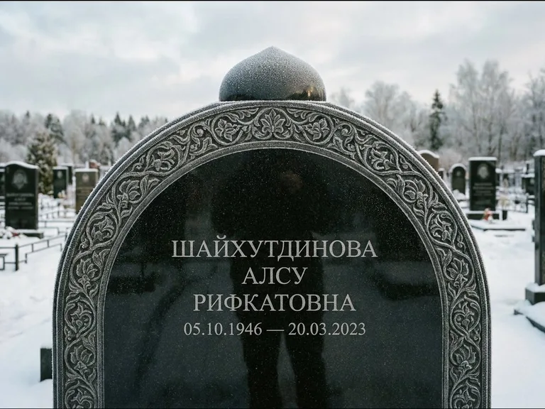 Мусульманский памятник: полукруглая стела с купольным навершием — гравировка мечети под полумесяцем и звёздами, заснеженный зимний участок, работа «Ганиева» в Новокузнецке