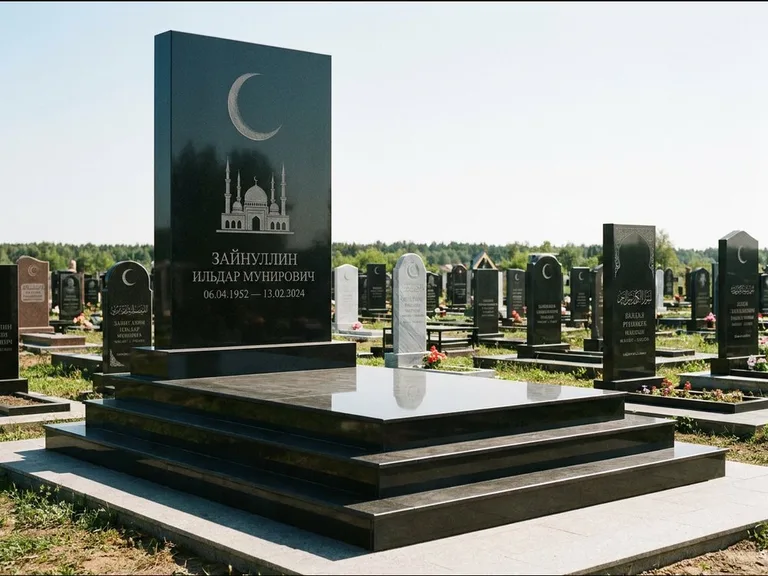 Мусульманский памятник: массивная стела на ступенчатом постаменте — гравировка мечети под полумесяцем и звёздами, гранитная площадка без ограды, работа «Хабибуллин» в Новокузнецке