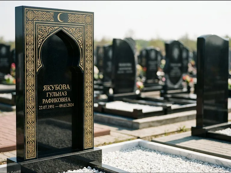 Мусульманский памятник: стела в форме михраба с глубокой нишей и золочёным орнаментом — детализированная гравировка мечети Кул-Шариф, участок с белой мраморной крошкой, работа «Мустафин» в Новокузнецке