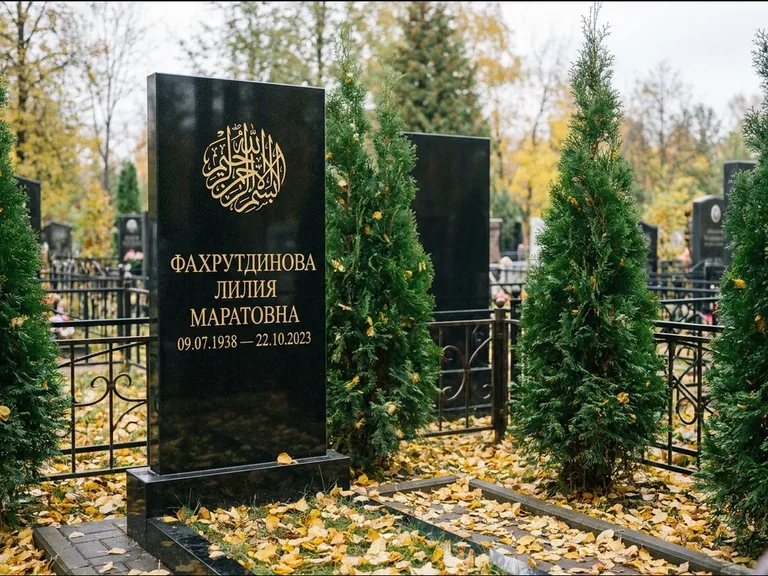 Мусульманский памятник — шахада в верхней части стелы, работа «Фахрутдинова» в Новокузнецке
