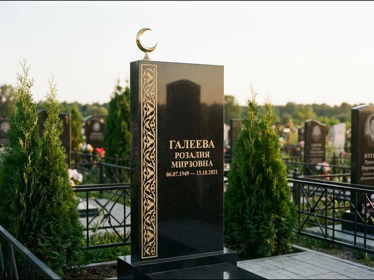 Памятник с гравировкой полумесяца — золочёный полумесяц и колонна растительного орнамента-ислими, работа «Галеева» в Новокузнецке