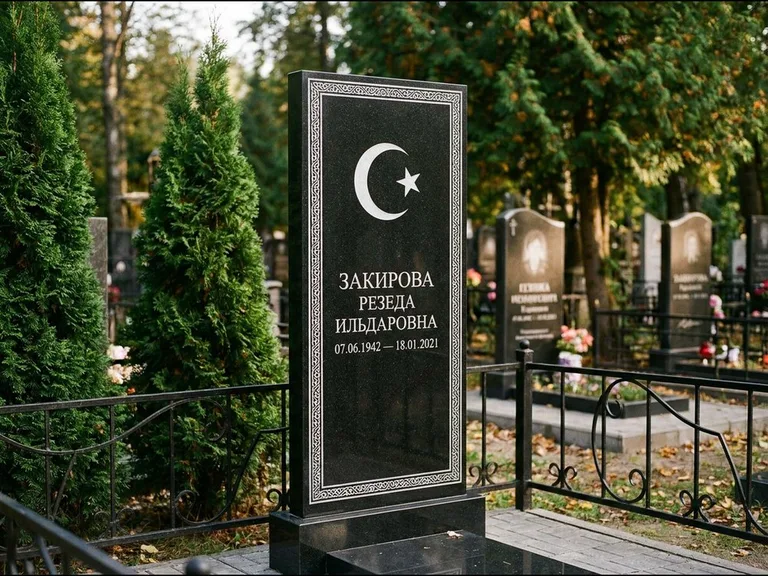 Памятник с гравировкой полумесяца — строгая белая гравировка полумесяца со звездой и орнаменталь, работа «Закирова» в Новокузнецке