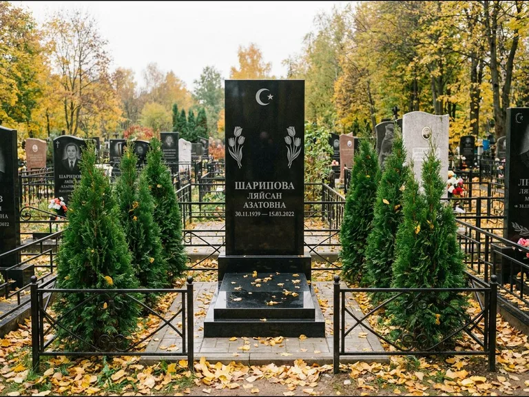 Памятник с гравировкой полумесяца — гравировка полумесяца со звездой и тюльпанами по бокам, работа «Шарипова» в Новокузнецке