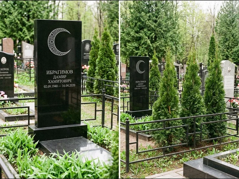 Памятник с гравировкой полумесяца — гравировка полумесяца в геометрическом орнаменте-гирихе, работа «Ибрагимов» в Новокузнецке