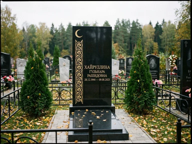 Памятник с гравировкой полумесяца — золочёный полумесяц и колонна растительного орнамента-ислими, работа «Хайруллина» в Новокузнецке