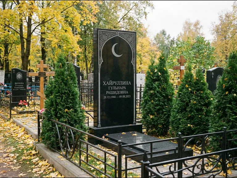 Памятник с гравировкой полумесяца — гравировка полумесяца в восточной арке с орнаментом, работа «Хайруллина» в Новокузнецке