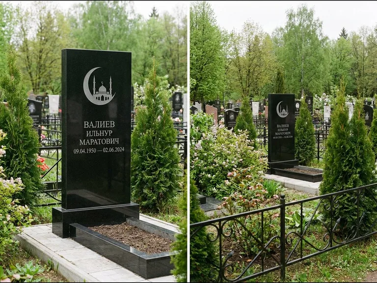 Памятник с гравировкой полумесяца — гравировка полумесяца над силуэтом мечети, работа «Валиев» в Новокузнецке