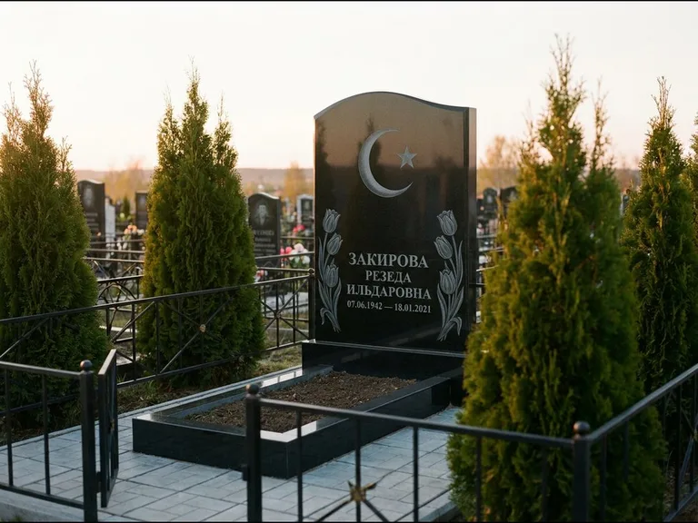 Памятник с гравировкой полумесяца — гравировка полумесяца со звездой и тюльпанами по бокам, работа «Закирова» в Новокузнецке