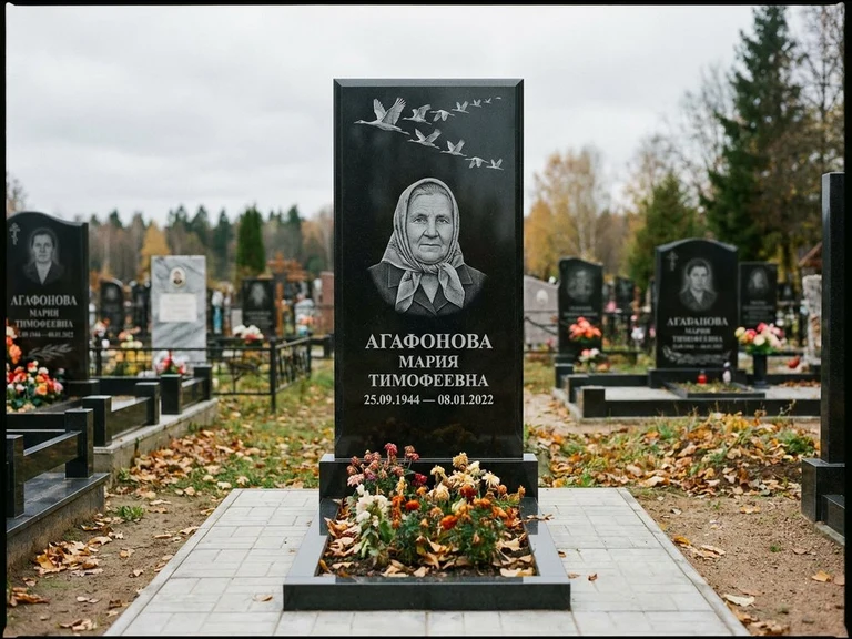 Гравировка журавлей на памятник в Новокузнецке — памятник из чёрного гранита с гравировкой