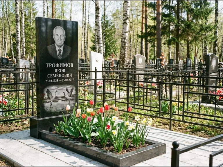 Памятник с гравировкой журавлей — гравировка пары журавлей над гладью озера в нижней части, работа «Трофимов» в Новокузнецке